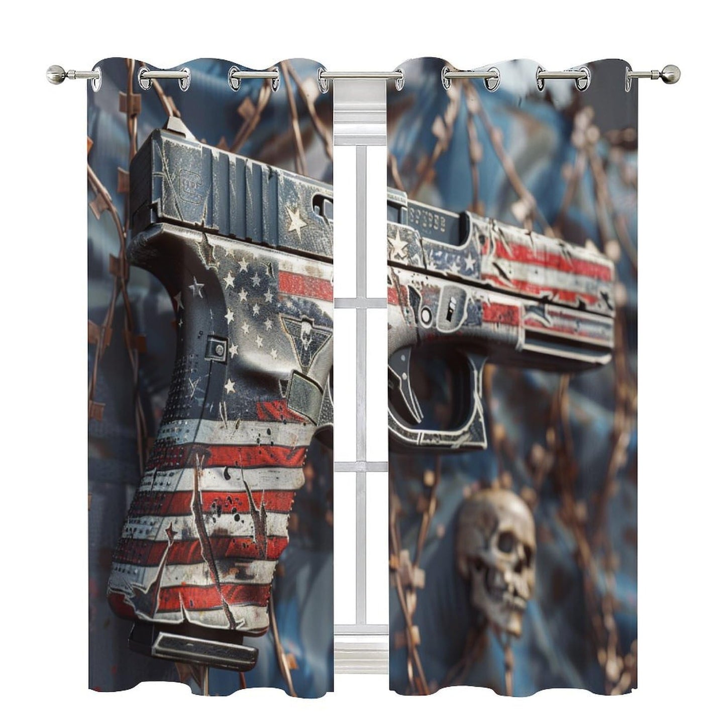 TOWINSFB American Flag Military Gun Blackout Curtains for Bedroom/Living Room, Gothic Skull War Theme Grommet Curtains Thermal Insulated Window Drapes, 2 Panels, Each 21W x 45L