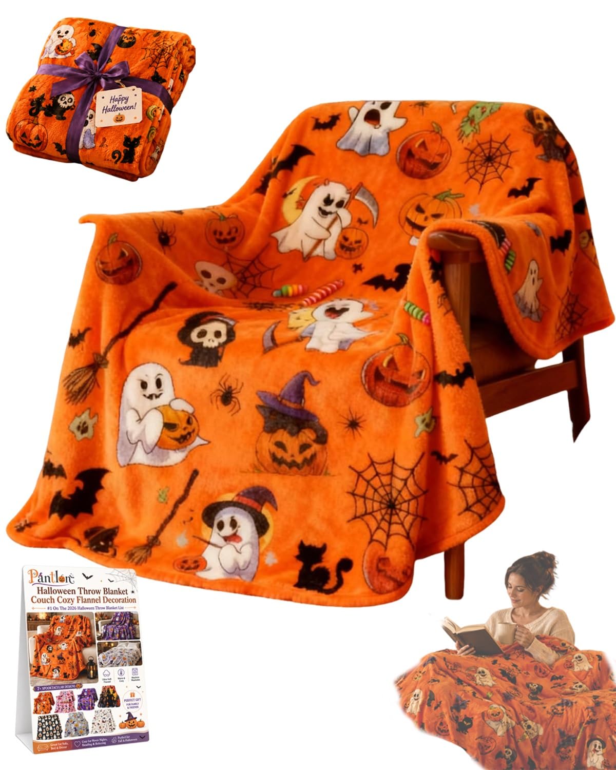 Halloween Throw Blanket Couch Cozy Flannel Decoration for Party Bed Soft Flannel Ghost Blanket Halloween Harvest Gifts Horror Ghost Bat Pumpkin(Model1,50x80in)