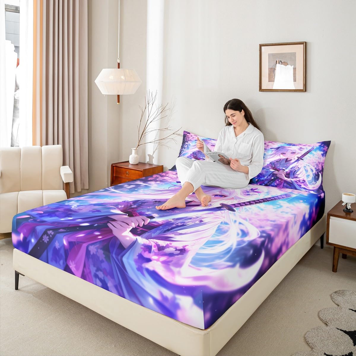 Erosebridal Anime Girl Twin Bedding Set for Kids, Kawaii Japanese Anime Fitted Sheet Cartoon Girl Bed Sheets Sci Fi Style Japanese Animation Sheets for Kids Girls Teens Adult Bedroom