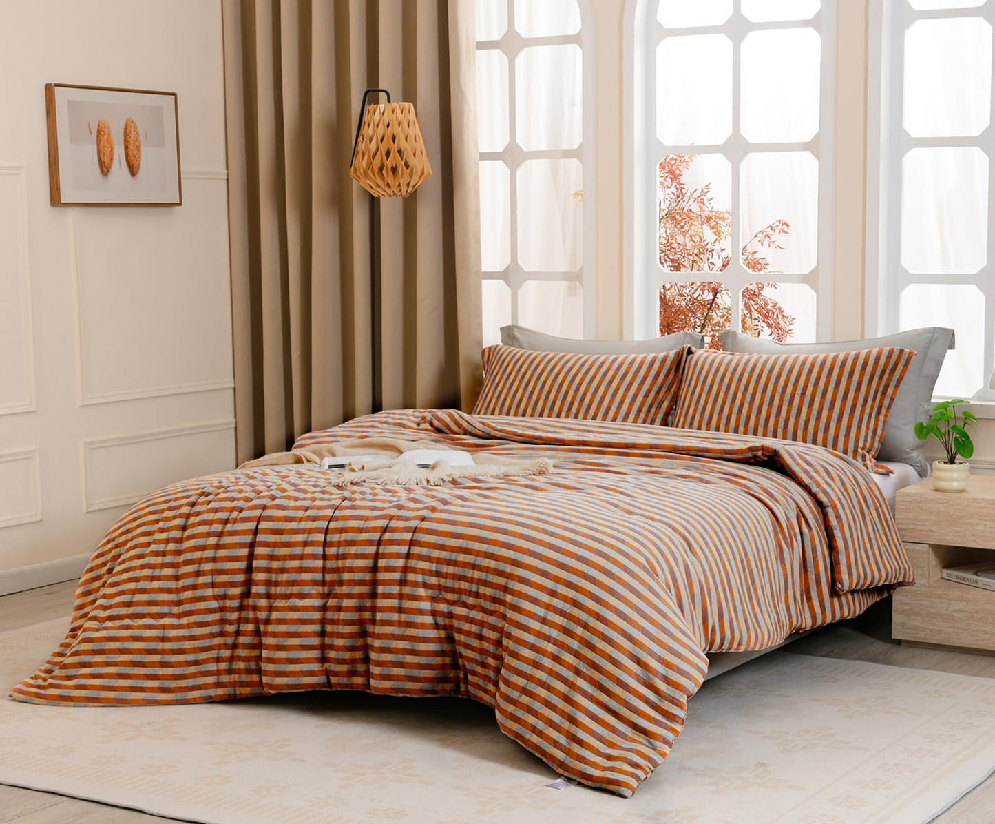 SLEEPBELLA Washed Double Layer Muslin 100% Cotton Comforter Set Queen Size, Orange & Blue Diamond Boho Pattern Fluffy Thick Checked Bedding Set, Soft Breathable (1 Comforter, 2 Pillow Shams)