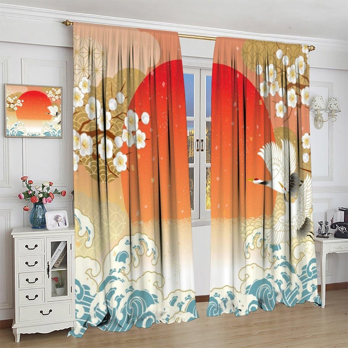 Japanese Floral Crane Curtain, Orange White Plum Blossom Flying Cranes Teal Waves Red Sunset Theme Print Decor Rod Pocket Window Drapes, for Bedroom Living Room 42" W X 45" L