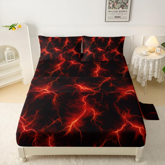 QOOMO Red Lightning Fitted Sheet Set Full Size,Modern Neon Glowing Bedding Set for Kids Boys Girls Teens,Comfy Breathable Cooling Sheet Sets,1 Fitted Sheet, 1 Flat Sheet, 2 Pillow Cases
