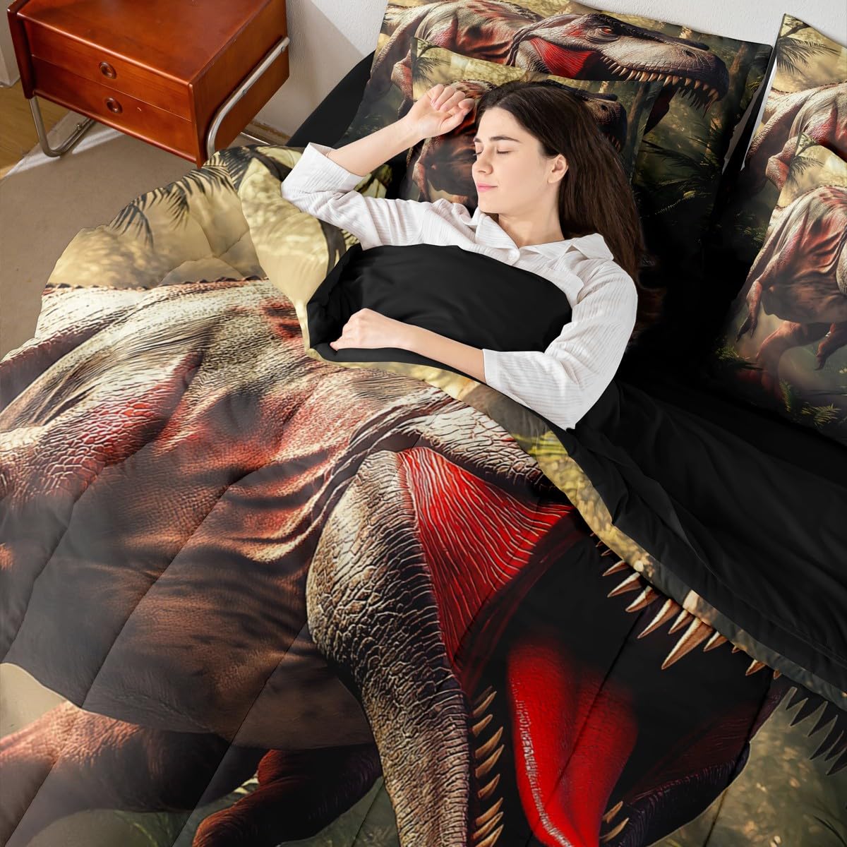 Erosebridal Dinosaur Queen Bedding Set - Fierce Animal Bed in A Bag,Forest Jungle Theme Comforter Sets with Sheets, Wild Animal Print 7 Pieces Bed Set Bedroom Decor