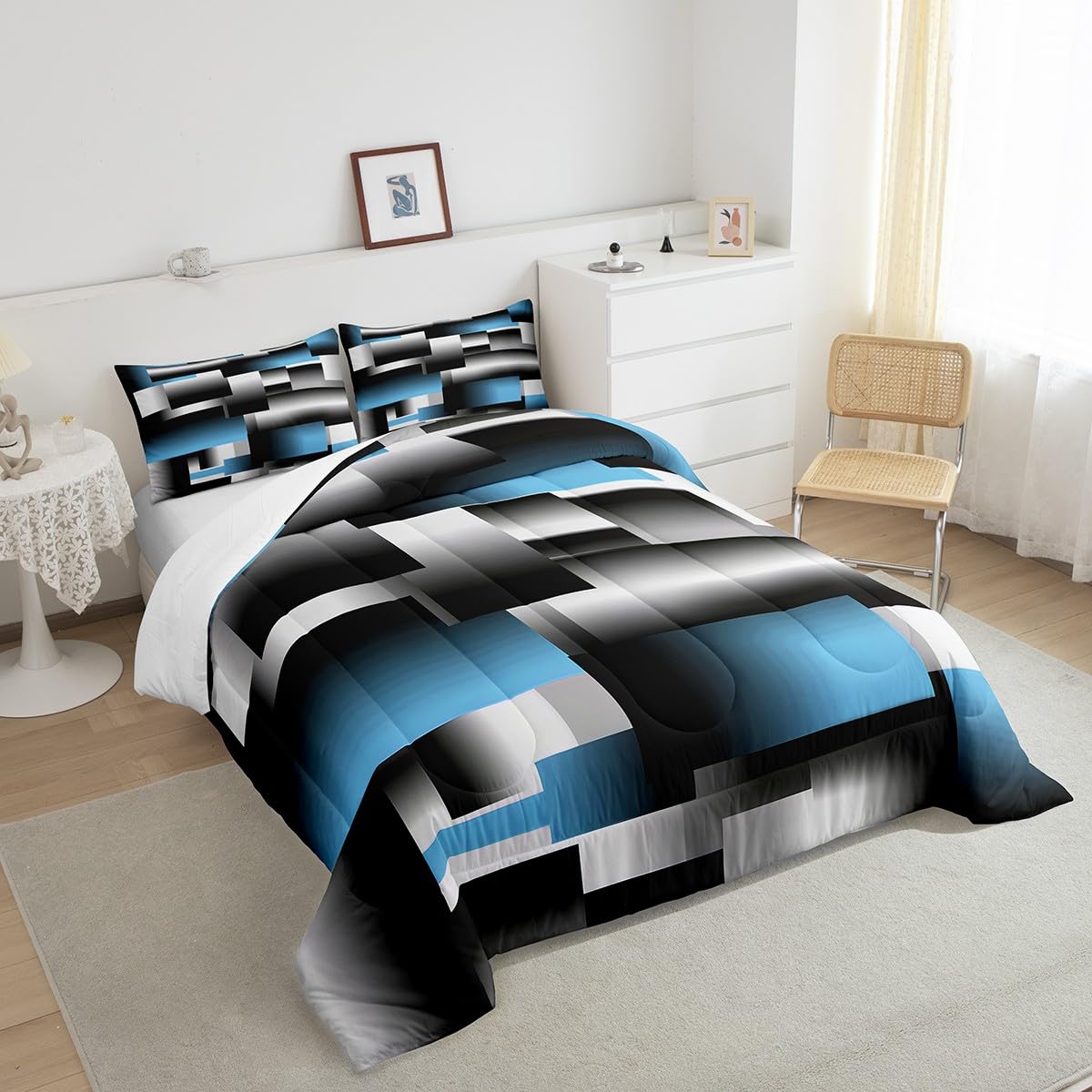 Feelyou Black Blue Geometric Comforter Set Kids Rendering Abstract Art Comforter for Women Men Rectangle Bedding Set Modern Duvet Set Room Decor Quilt Queen Size Boys