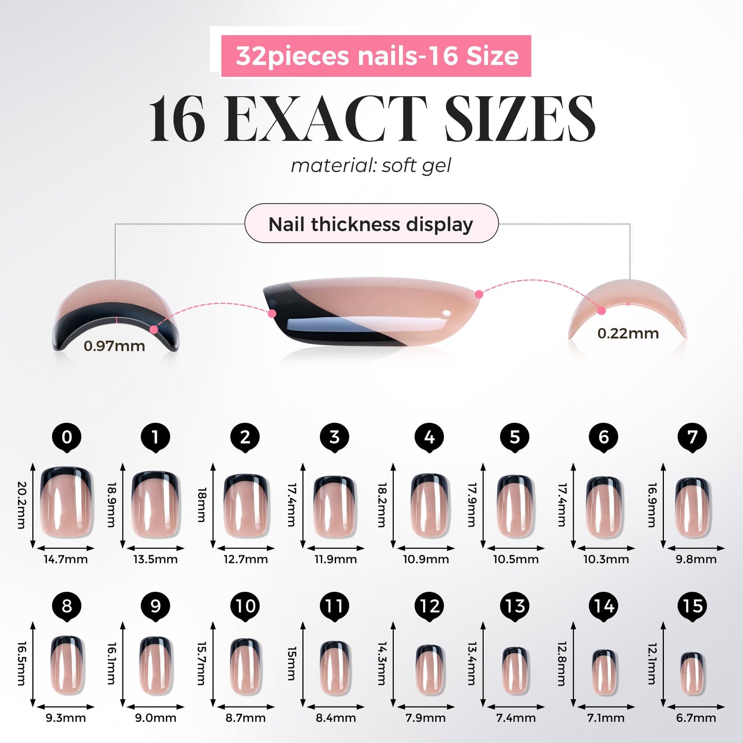 UNA GELLA 32Pcs Soft Gel Press on Nails - 16 Sizes Black Chrome Mirror French Tip Short Square Glue on Nails, Reusable Metallic Black False Nails, Acrylic Nail Kit for Women DIY Home Manicure