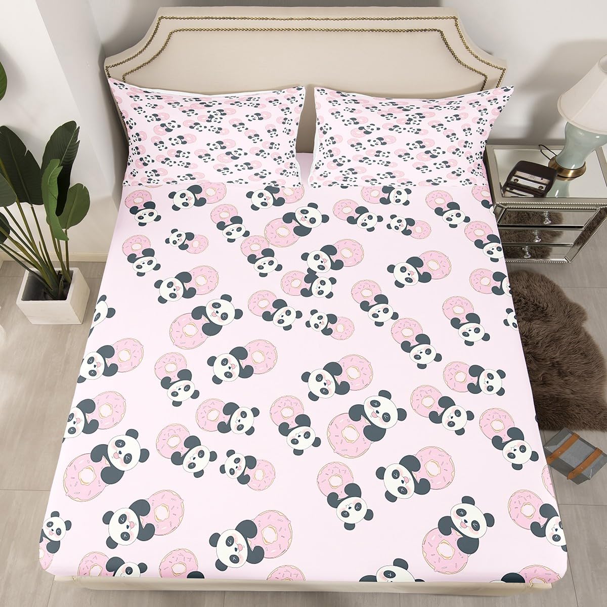 Donuts Fitted Sheet Panda Bedding Set for Kids Boys Girls Teens Decor Cute Panda Bear Printed Bed Sheet Set Whimsical Dessert Print Bed Cover No Flat Sheet 2Pcs Twin Size