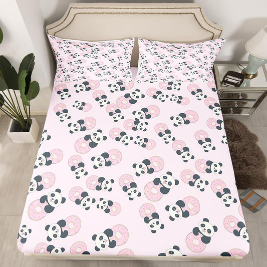 Donuts Fitted Sheet Panda Bedding Set for Kids Boys Girls Teens Decor Cute Panda Bear Printed Bed Sheet Set Whimsical Dessert Print Bed Cover No Flat Sheet 2Pcs Twin Size