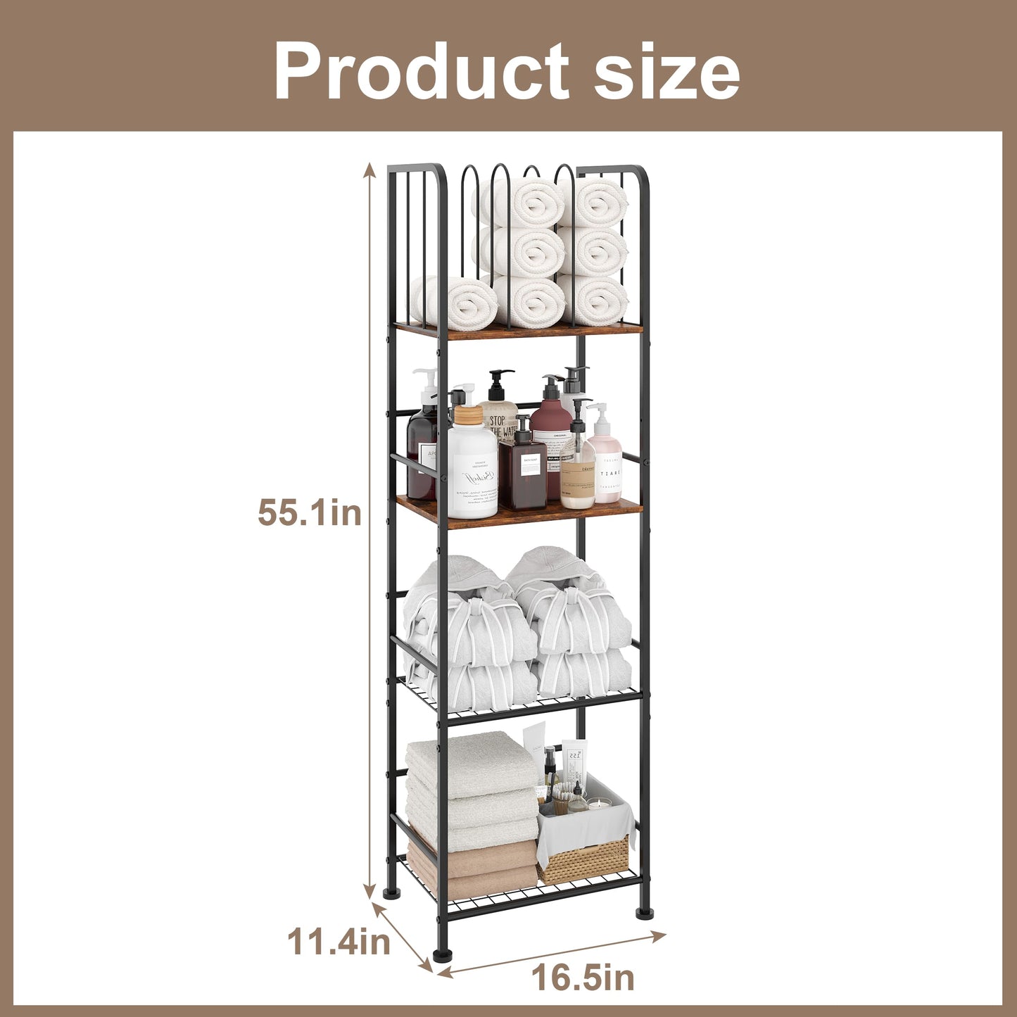 Towel Rack Free Standing 4-Tier M-Shaped Detachable Dividers, Durable Metal Towel Holder, Pool Items Holder, Space-Saving Storage Organizer, Modern Bath Towel Shelf for Bathroom Patent Pending