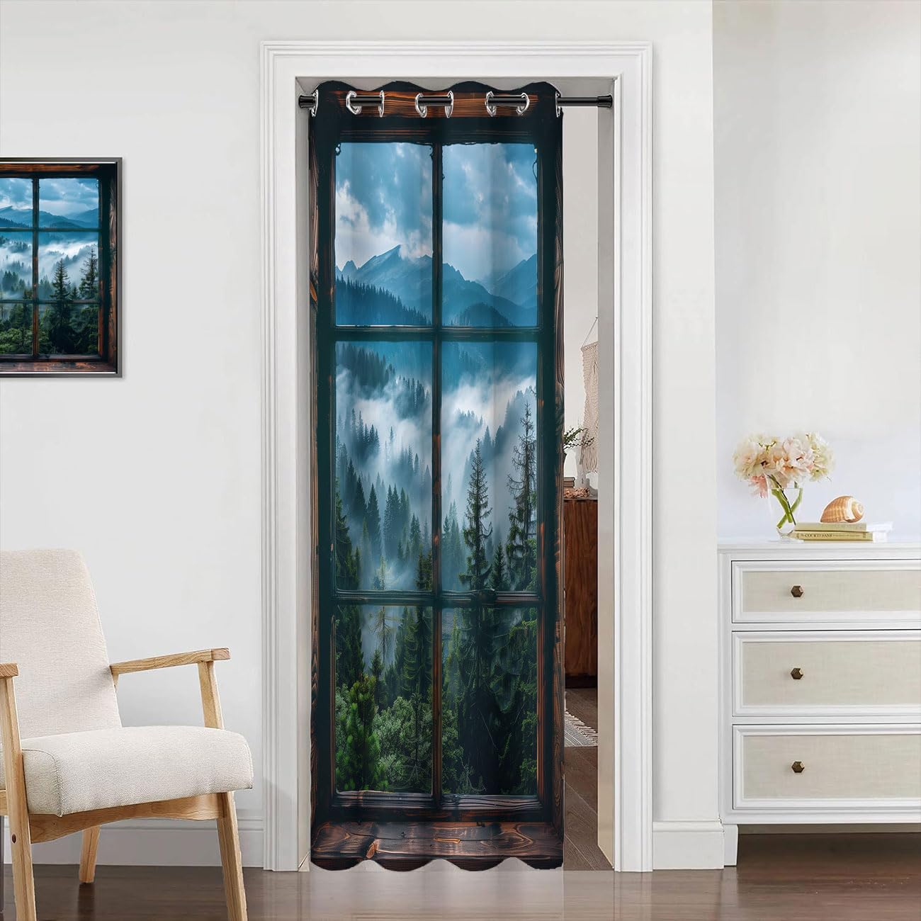 Chaohuan Misty Forest Landscape Door Curtain for Doorway, Wooden Forest Mountain Rustic Room Divider Curtain for Kids Boys Girls Teens Bedroom Living Room 1 Panel 34" W X 80" L