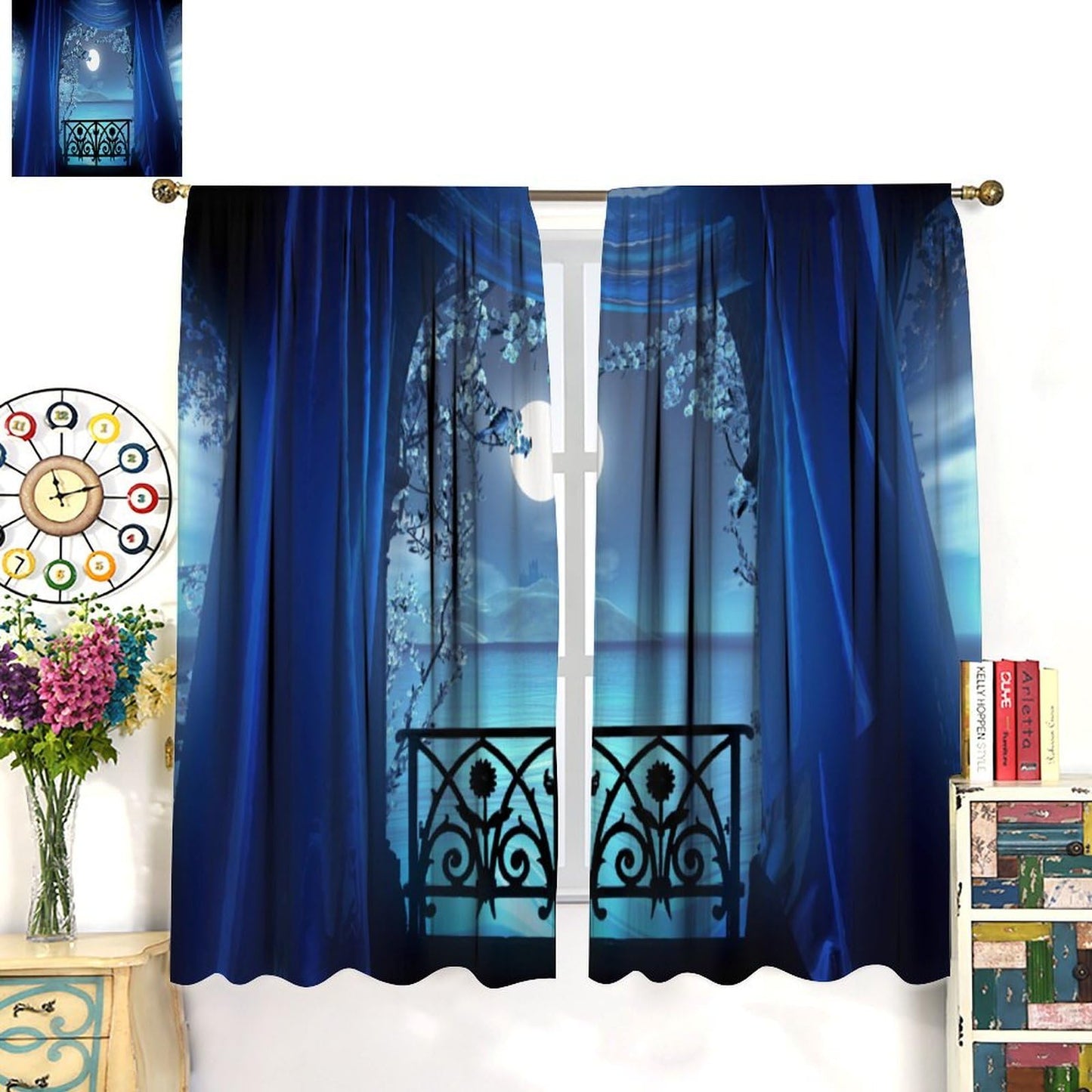 YCness Gothic Window Curtains, Retro Palace Architecture White Flowers Horror Atmosphere Calm Lake Scenery Window Treatments for Kitchen Bedroom Living Room 2 Panels Blue Drapes 42x45 Inch