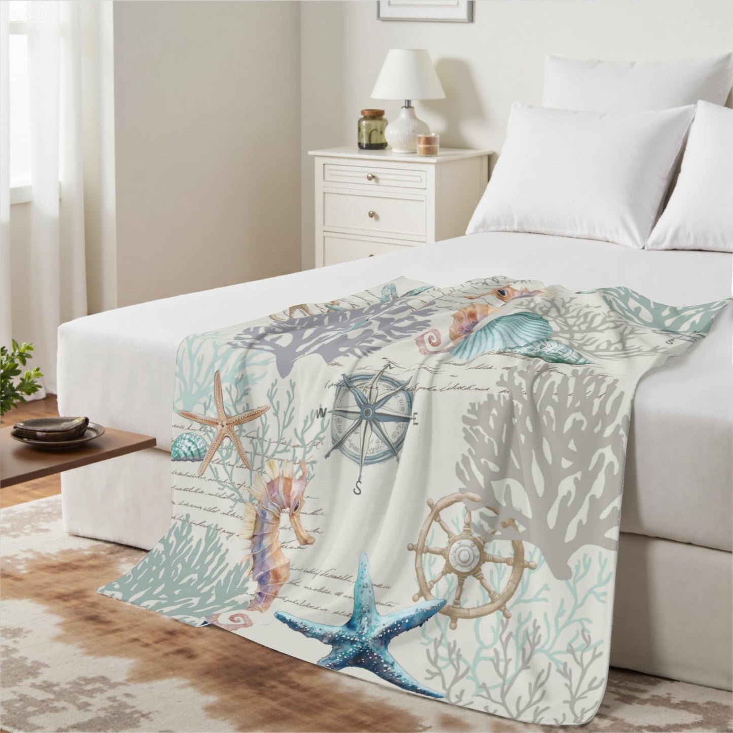 Nautical Coastal Blanket - Starfish Coral Seashell Compass Throw Blankets for Couch Chair Decor, Teal Blue Ocean Themed Lightweight Soft Fuzzy Cozy for Sofa Bed Room 50 x 60 Inch
