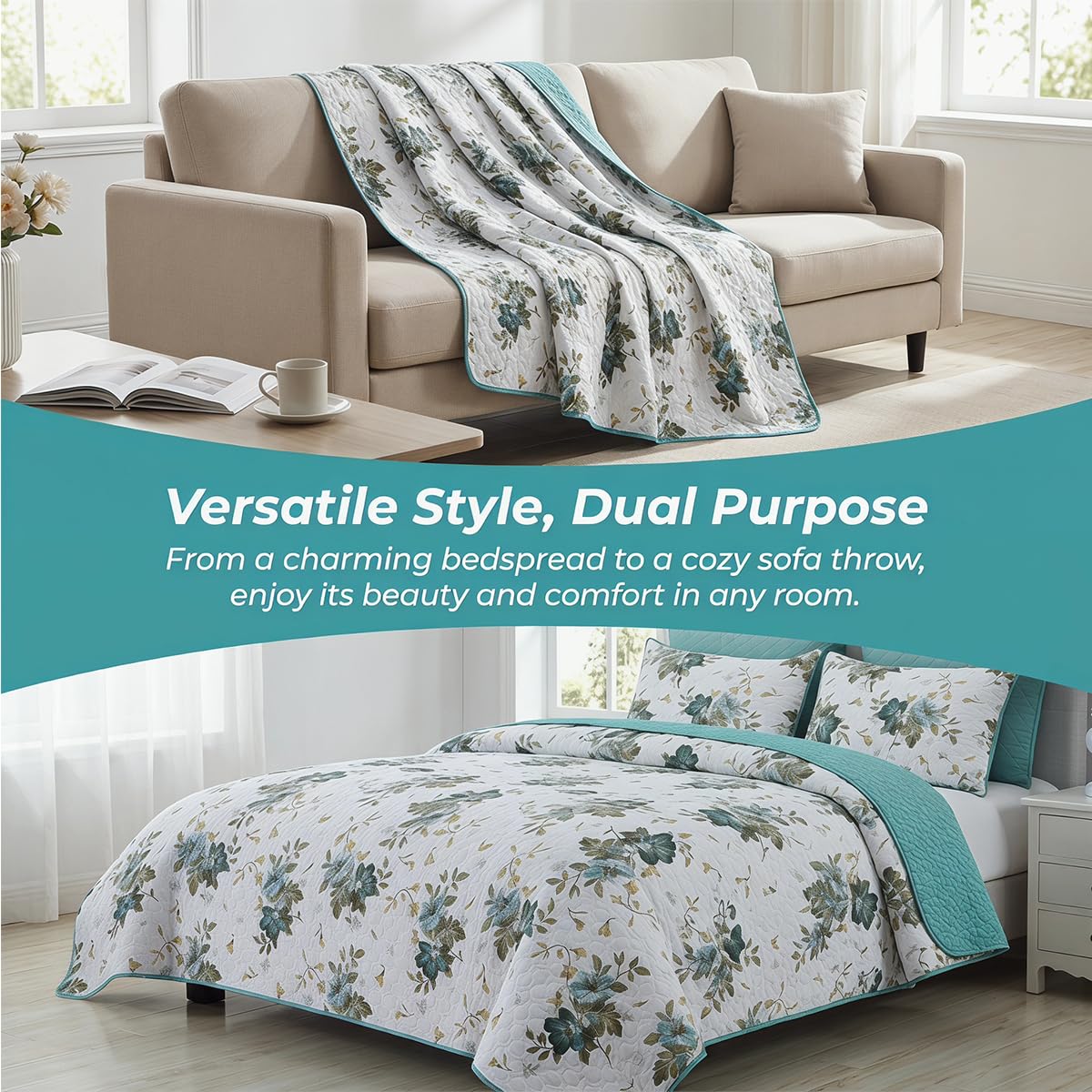 SANOCAY Boho Floral Quilt Set King Size, 3 Piece Lightweight Summer Bedding Set with 2 Pillow Shams, Soft Reversible Microfiber Bedspread, Farmhouse Coverlet for All Season (Sage Green, King)