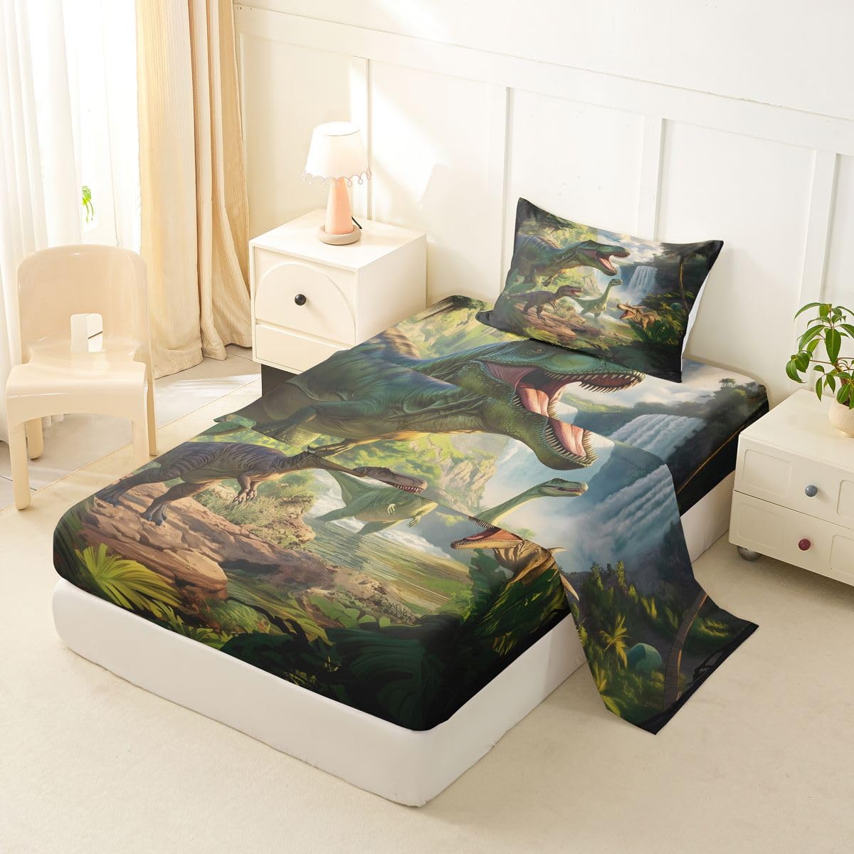 Feelyou Dinosaur Bed Sheets Set Twin Size 3D Digital Print Bed Set Jungle Dino Deep Pocket Fitted Sheet Wild Animal Breathable Soft Lightweight Microfiber Green White Brown