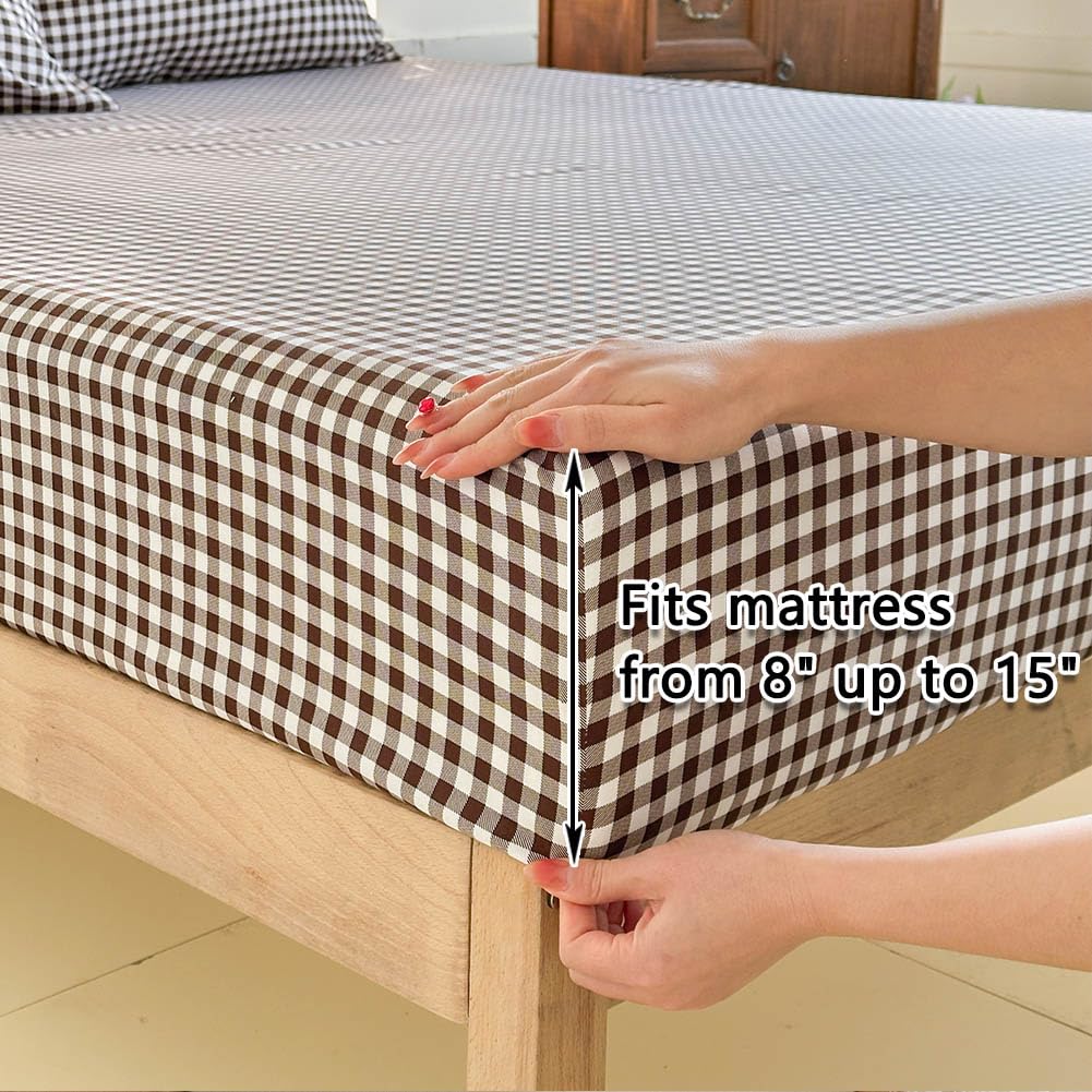 NSNLGSGC Mocha Gingham Full Sheet Set, Coffee Soft Brushed Microfiber Plaid Full Bed Sheets, 4-Pieces Grid Sheet Set with Deep Pocket