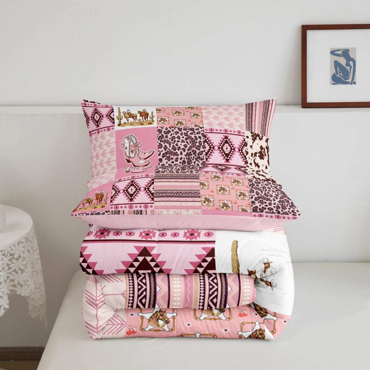 Feelyou Pink Aztec Bedding Set Full Size, Kids Western Decor Comforter Set Wild West Cowboy Cowgirl Comforter Boho Style Duvet Insert Bed Set 3Pcs