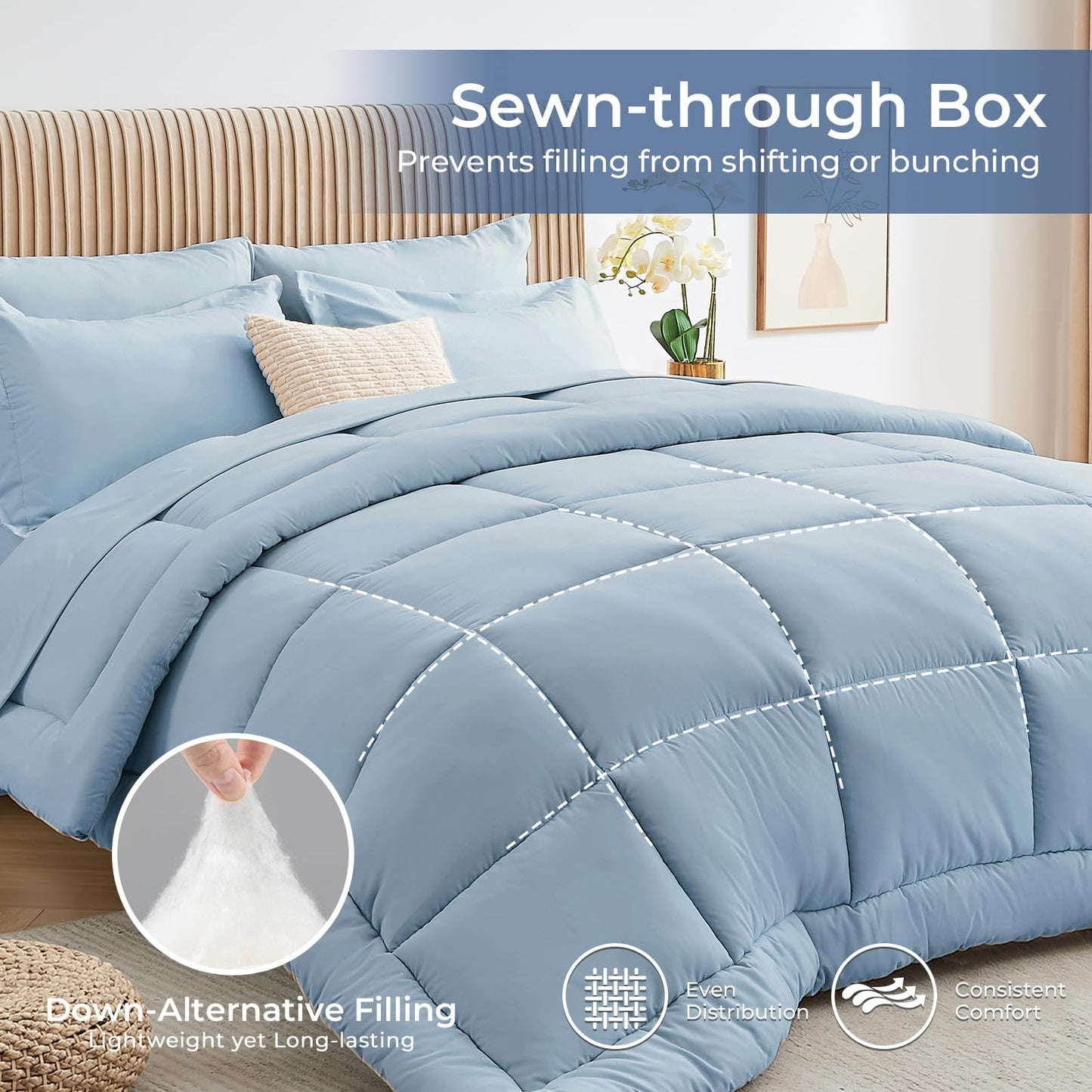 Sasttie Queen Comforter Set, 7 Pieces Bed in a Bag Queen, Complete Bedding Set Includes Comforter, Flat Sheet, Fitted Sheet, Pillowcases and Pillow Shams, Greyish Blue