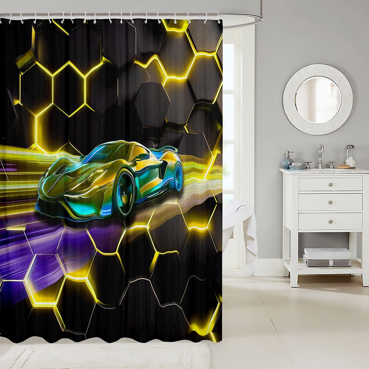 Feelyou Race Sports Car Shower Curtain for Bathroom Decor Honeycomb Bath Curtain for Stalls Bathtubs Extreme Sports Bathroom Accessories Waterproof Polyester Fabric with 12 Hooks 72"x72"