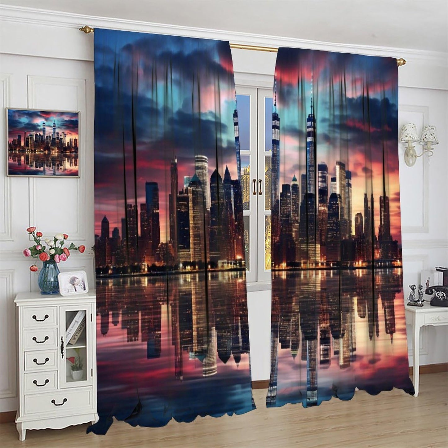 Urban Nightscape Curtains, Colorful Foggy Rosy Clouds Modern City Skyscraper Street Scenery Pattern Window Treatments, Blackout Rod Pocket Drapes For Living Room Bedroom Bathroom Kitchen 42x45in