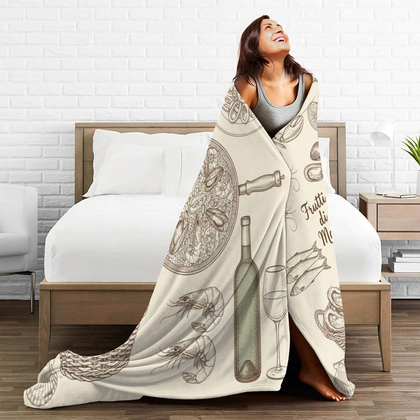 Fleece Throw Blanket for Couch, Seafood Feast Wine Soft Fuzzy Cozy Blankets Warm Lightweight Flannel Throws for Bed, Sofa, Travel, All Seasons 50x40 Inches