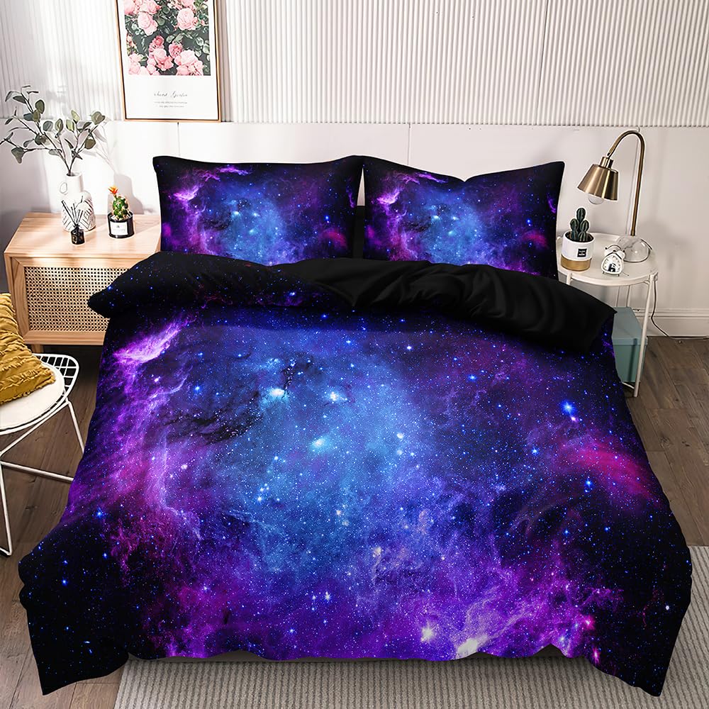 Elnonthy Galaxy Duvet Cover Set Full, Purple Black Galaxy Bedding for Girls, Outer Space Comforter Cover with Pillowcases