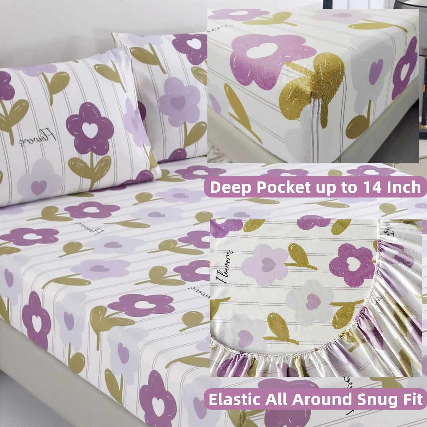 SDIII Purple Floral Twin Fitted Sheet with 2 Pillowcases, Deep Pocket Soft Microfiber Purple Floral Sheet Twin Size All Season