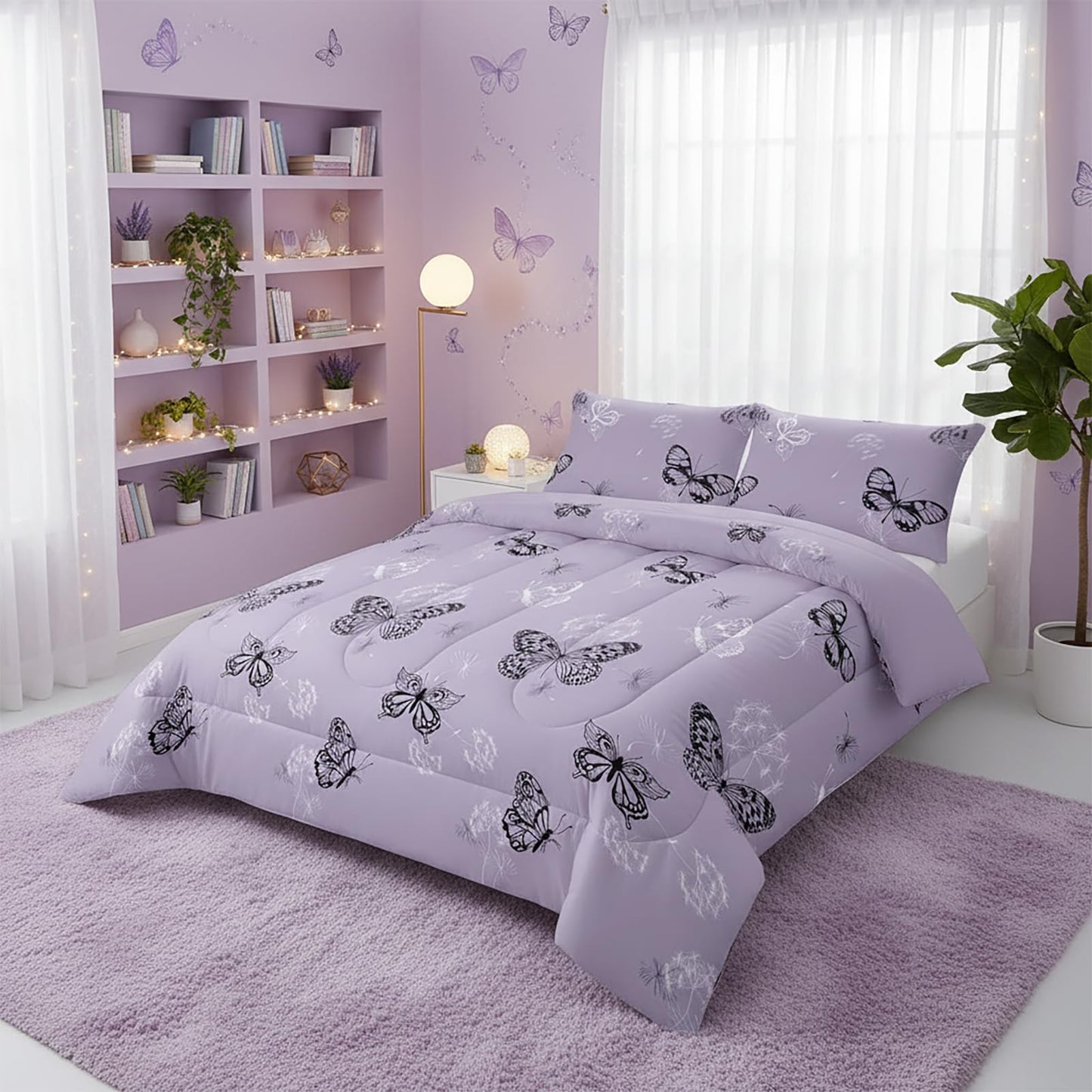 QOOMO 3Pcs Butterfly Comforter Set Twin,Purple Butterflies Bedding Set for Teens Boys Girls,Dandelion Butterflies Printed Comforter with 2 Pillowcases,Down Alternative,Soft and Lightweight