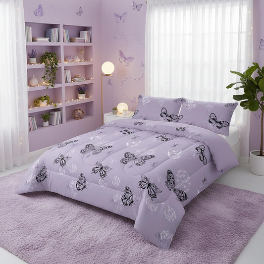 QOOMO 3Pcs Butterfly Comforter Set Twin,Purple Butterflies Bedding Set for Teens Boys Girls,Dandelion Butterflies Printed Comforter with 2 Pillowcases,Down Alternative,Soft and Lightweight