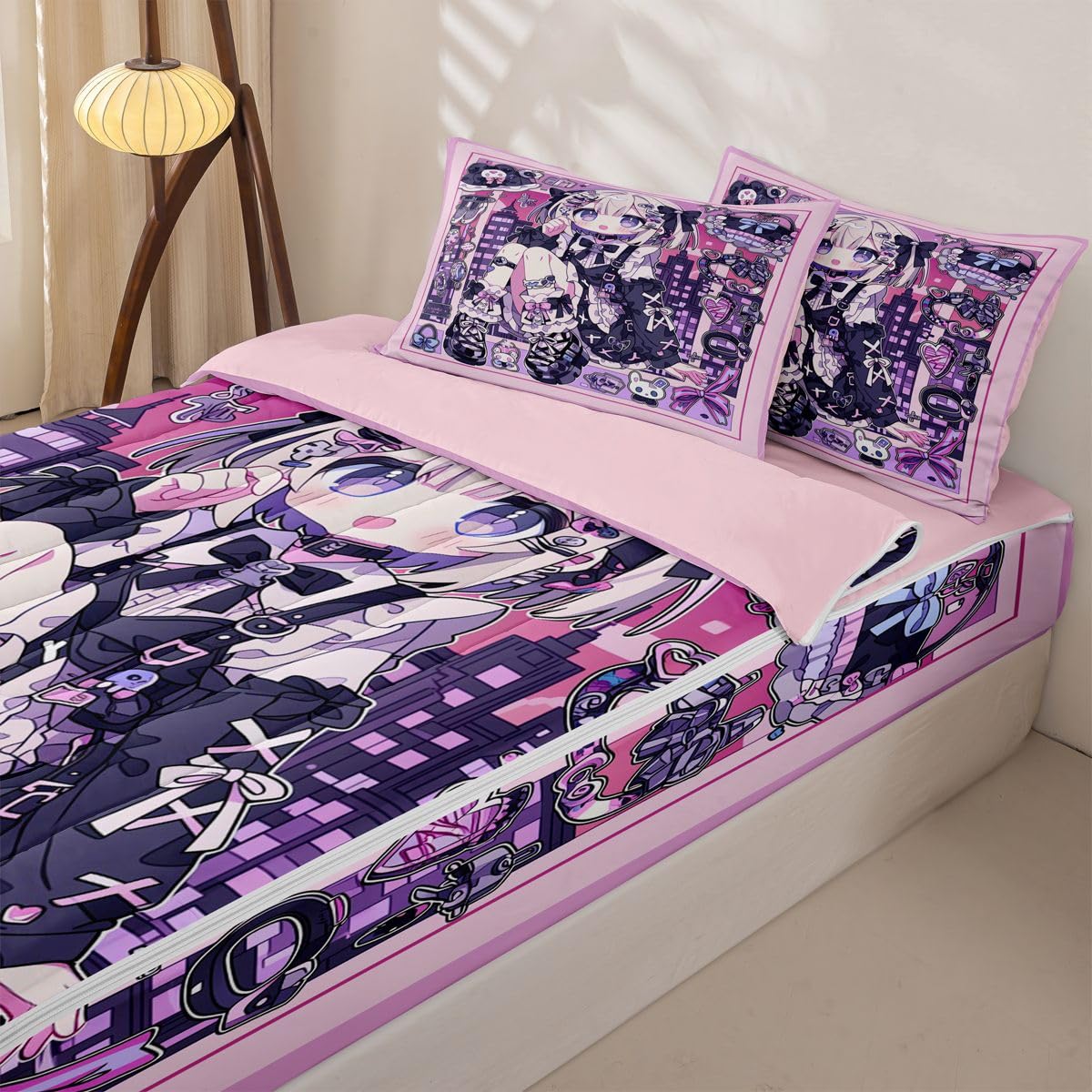 Erosebridal Japanese Uniform Girl Kids Comforter Set with Zipper, Anime Gift Twin Size Zipper Bedding Set, Kawaii Coquette Bed-in-A-Bag