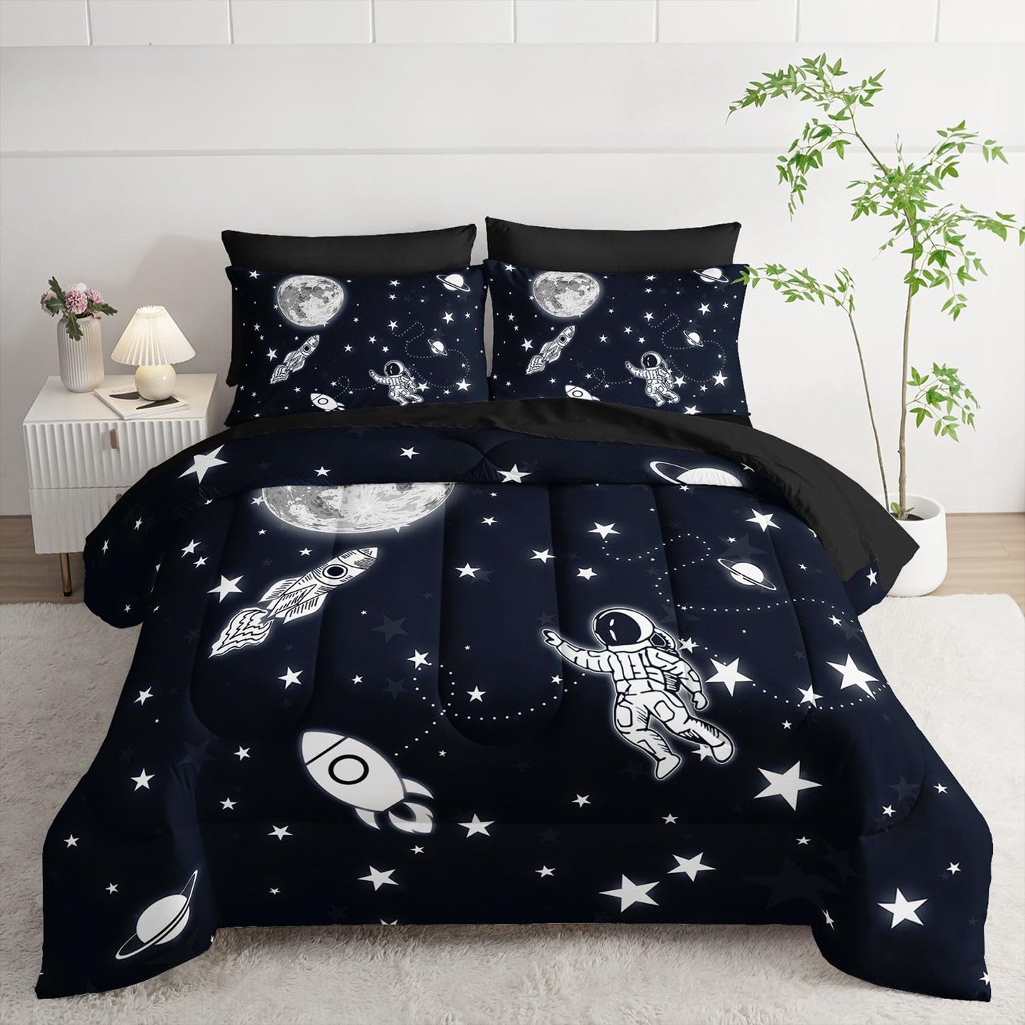 Smell Sunshine 7Pcs Space Comforter Set3D Space Rocket Planets Printed Bedding Set with 1 Comforter, 1 Flat Sheet, 1 Fitted Sheet and 4 Pillowcases for Boys and Girls Bedroom (Rocket Twin