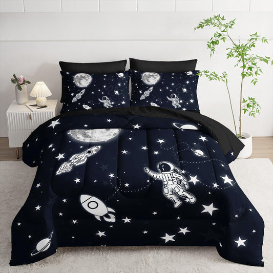 Smell Sunshine 7Pcs Space Comforter Set3D Space Rocket Planets Printed Bedding Set with 1 Comforter, 1 Flat Sheet, 1 Fitted Sheet and 4 Pillowcases for Boys and Girls Bedroom (Rocket Twin