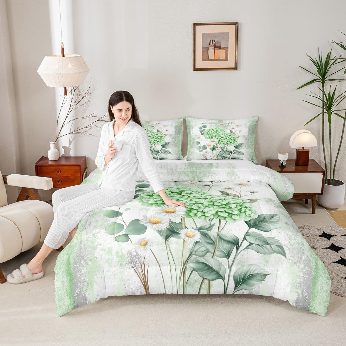 Erosebridal Green Hydrangea Flower Queen Comforter Set Spring Blossom Bedding Set Abstract Oil Painting Bed Set Watercolor Floral Rustic Farmhouse Quilt Set Ombre Green Grey Design for Adults