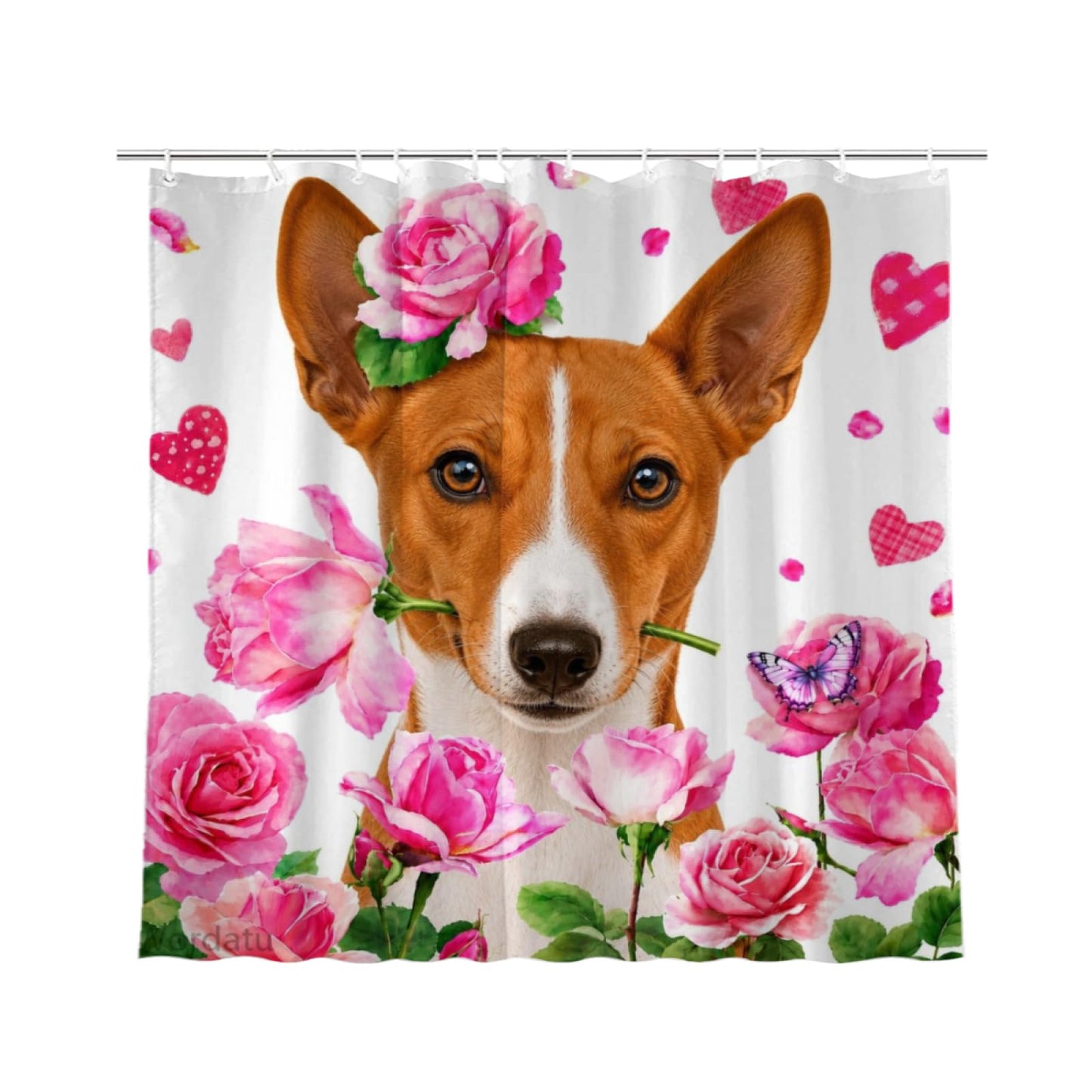 Wordatu Spring Summer Basenji Rose Shower Curtain, Bathroom Decor Fabric Polyester Waterproof 12 Hooks 72Wx72H Inch for Bathtub and Bathroom