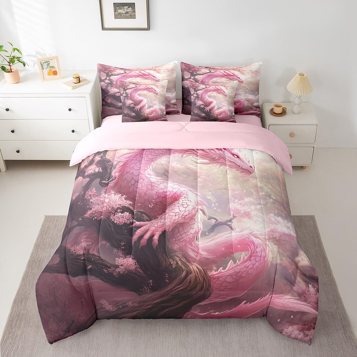 7 Pieces Pink Cherry Flower Comforter Set Queen,Dragon Blossom Bed Set for Kids Boys Girls,Wild Animal Plant Bedding(1 Comforter,1 Fitted Sheet,1 Flat Sheet,2 Pillowcases,2 Throw Pillow Cover)