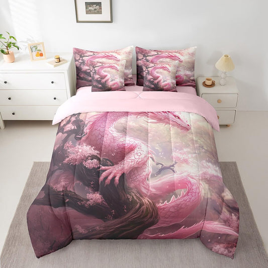 7 Pieces Pink Cherry Flower Comforter Set Queen,Dragon Blossom Bed Set for Kids Boys Girls,Wild Animal Plant Bedding(1 Comforter,1 Fitted Sheet,1 Flat Sheet,2 Pillowcases,2 Throw Pillow Cover)