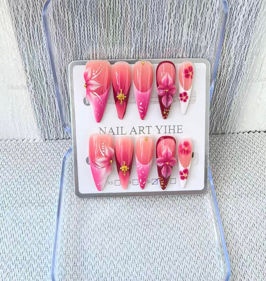 Long Stiletto Press on Nails Handmade False Nails French Tip Fake Nails with 3D Flower Designs Sparkly Red luxury Artificial Nails for Women 10pcs (Size M）