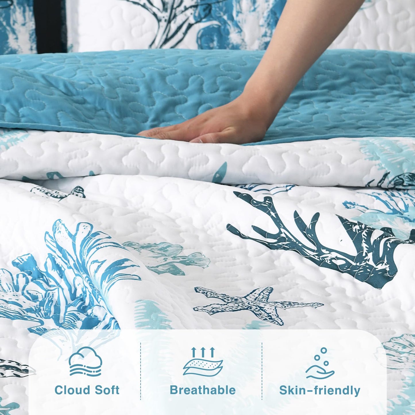 HORIMOTE HOME Coastal Quilt Bedding Set Queen Size, Reversible Blue Summer Beach Quilt Lightweight Ocean Nautical Comforter Tropical Bedspread Coverlet with 2 Pillow Shams for All Seasons (90"x96")
