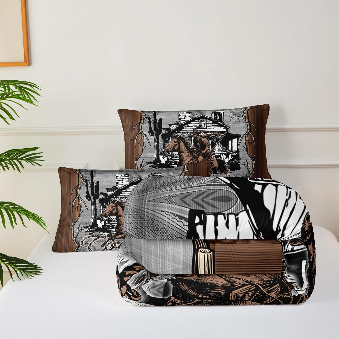 lneffble Brown Western Cowboy Comforters Twin Size，Boys Twin Size Bedding Set Cowboy Themed，with 1 Comforter with 2 Pillow Case，Western Bedroom Decor for Boys Men Kids