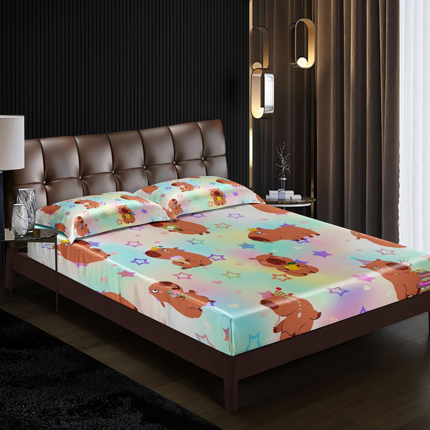 AILONEN Kawaii Capybara Fitted Sheet Set Twin Size,Cute Cartoon Capybara Rainbow Bedding Set for Girls Kids,Lovely Animal Star Fitted Sheet & 2 Pillowcases-3 Pieces