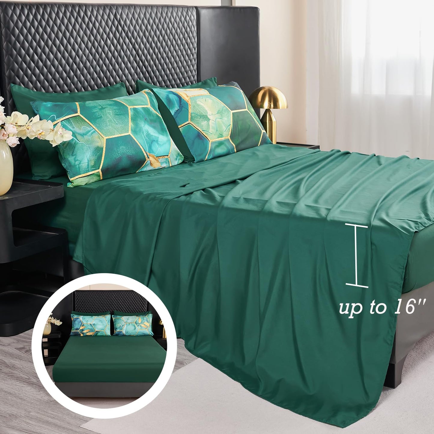 ANGIYUIN 7Pcs Teal Green Marble Comforter Set Full Watercolor Gold Bedding Set Geometric Honeycomb Printed Bed Sets Luxury Gold Leaves Bed in A Bag for Women Men(Full Teal Green)