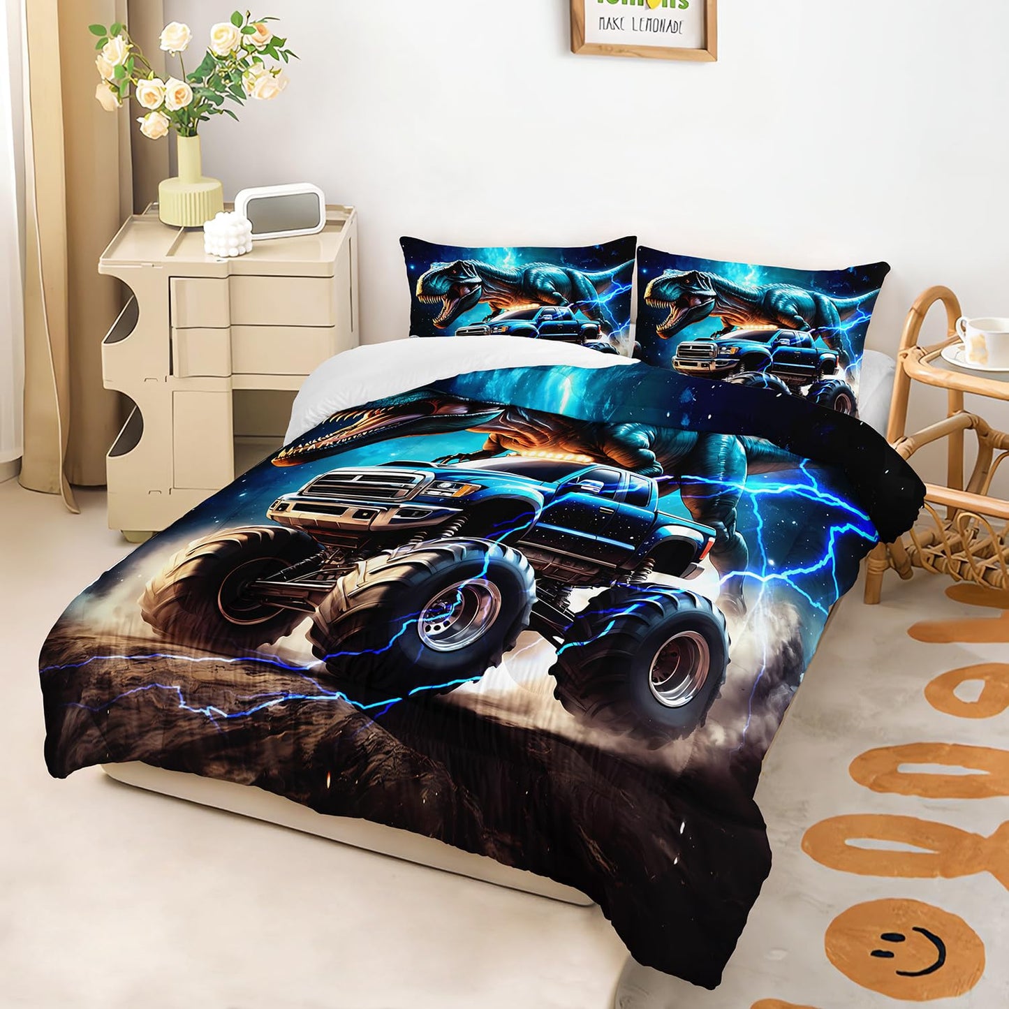 AILONEN Kids Dinosaur Comforter Monster Truck Bedding Twin Size,3D Space Galaxy Dinosaur Comforter Set,Monster Bedding for Boys,3-Piece,1 Comforter + 2 Pillowcases