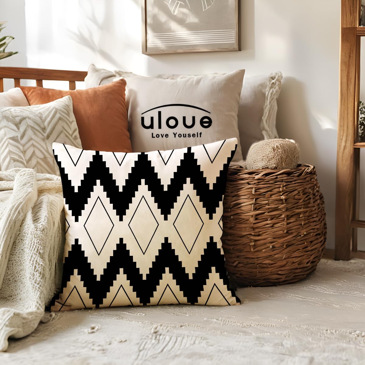 ULOVE LOVE YOURSELF Square Decorative Throw Pillows Cushion Covers Black& Beige Stripes Modern Geometry Print Home Pillowcases 18 X 18 Inch,4 Pack(Black)