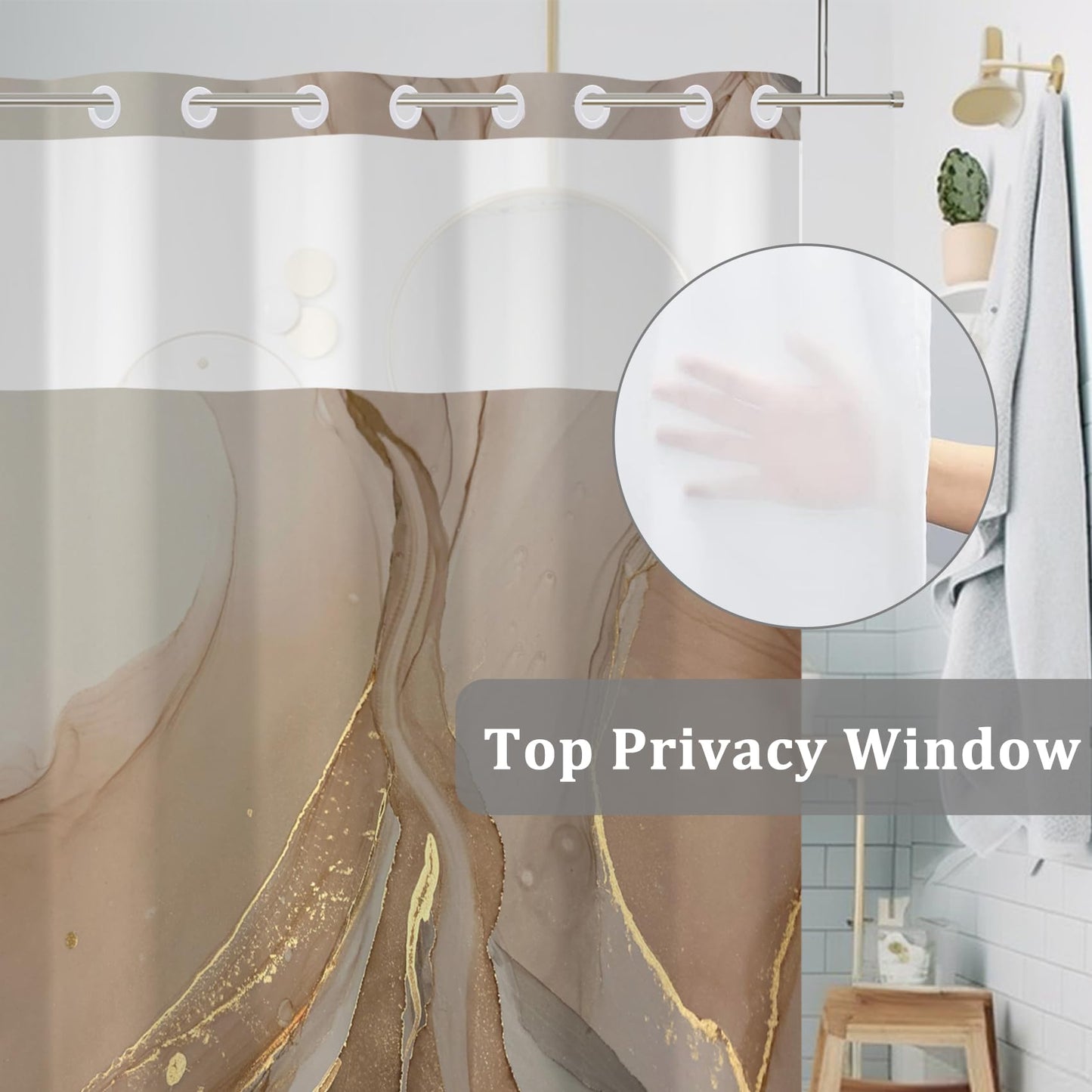 Baocicco No Hook Brown Marble Shower Curtain Golden Cracked Lines Shower Curtain with Snap-in Fabric Liner Set Double Layer Waterproof Fabric with Bathtubs Hotel Curtain Set Bathroom Decors 71x74 Inch
