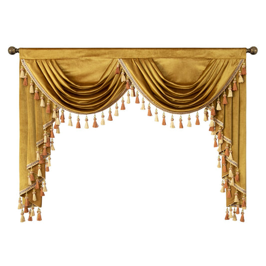 VOGOL Yellow Waterfall Valances for Farmhouse, Light Reducing Velvet Swag Valance with Tassels for Guest Room, Vintage Style Rod Pocket Drapes for Living Room, 59 Inches Wide, Gold