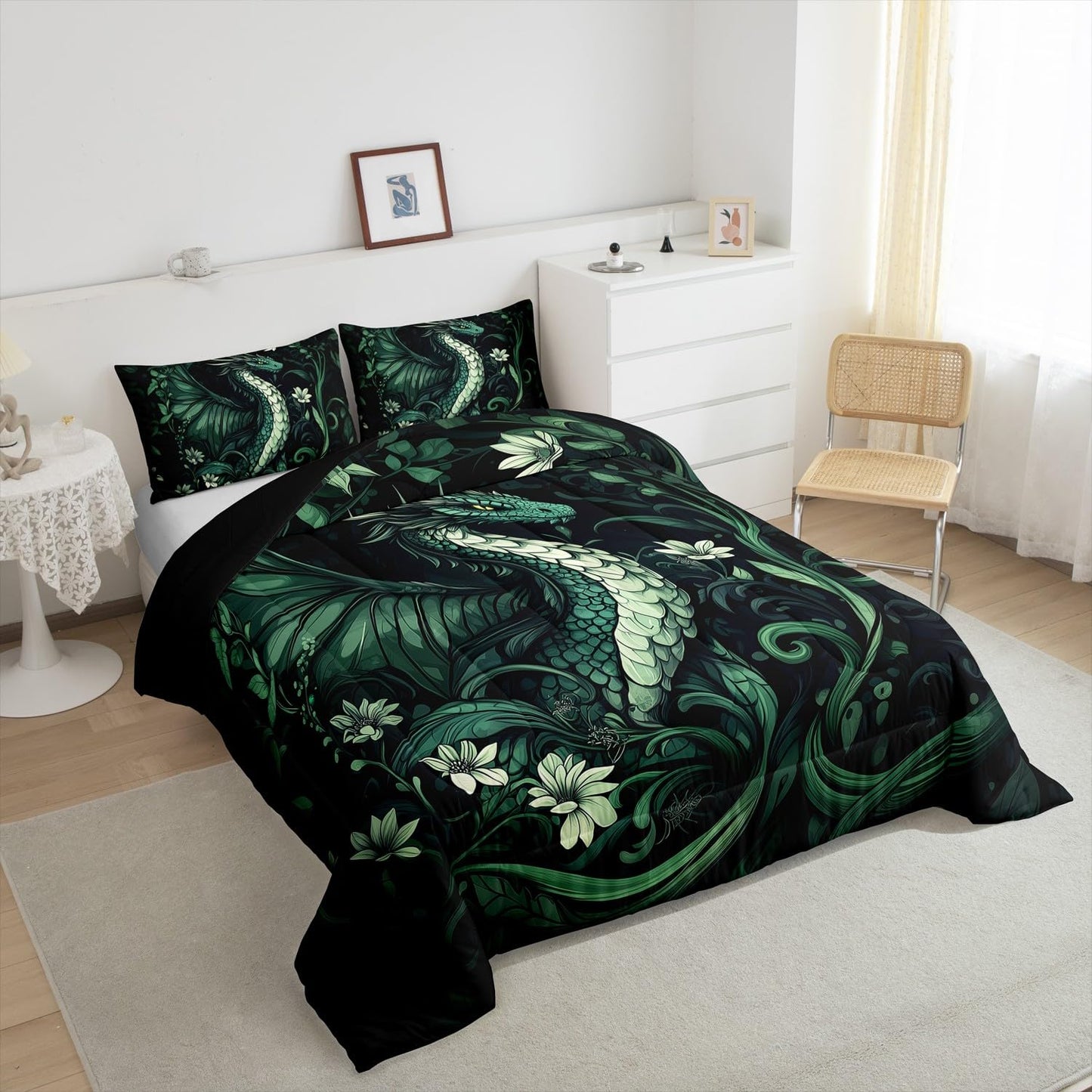 Exotic Dragon Kids Toddler Comforter Sets,Vintage Jungle Wildlfie Reversible Bedding Set for Boys Men Children,Green Leaves Flowers 2 Pieces Quilt Sets,Mystery Safari Animal Duvet Insert,1 Pillow Case
