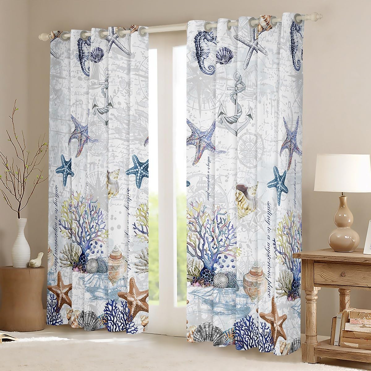 Beach Starfish Darkening Drapes Ocean Marine Themed Sailboat Curtains for Bedroom Living Room for Children Sea Creatures Curtains Coastal Nautical Room Decor (2 Panels,52 x 63 Inch) Window Treatments