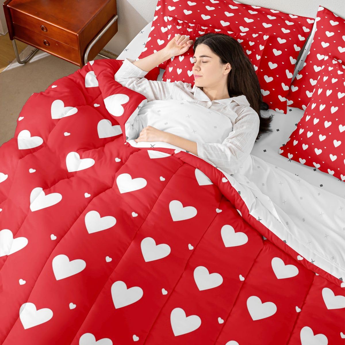 Erosebridal Couple Red Love Full Bedding Set - Cute Hearts Printed Bed in A Bag,Romance Love Heart Comforter Sets with Sheets, Romantic 7 Pieces Bed Set Bedroom Decor