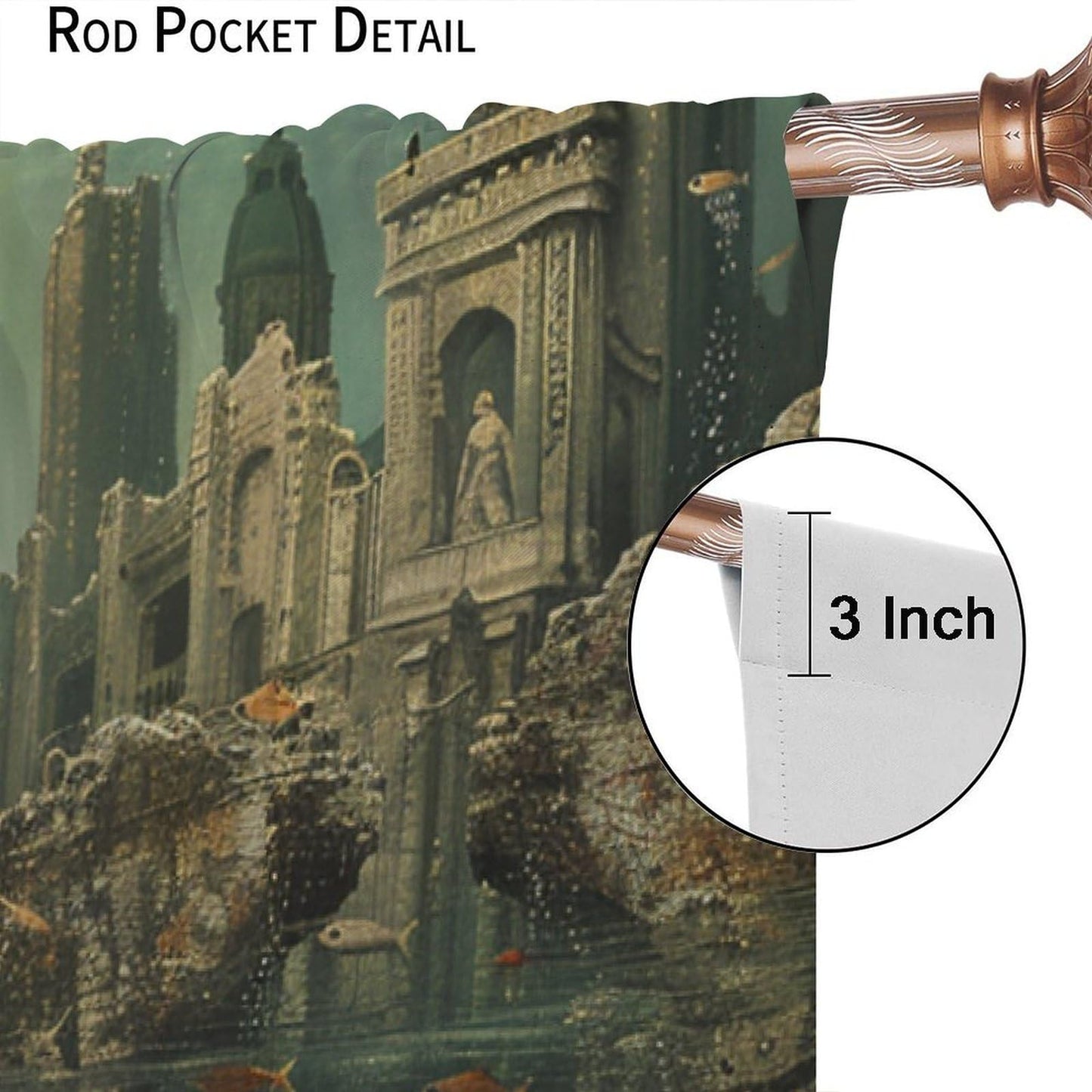 TOWINSFB Ocean Fish Retro Building Blackout Curtains, Underwater Fish Ancient Castle Home Decor Rod Pocket Window Drapes for Living Room Bedroom - 42" W x 45" L