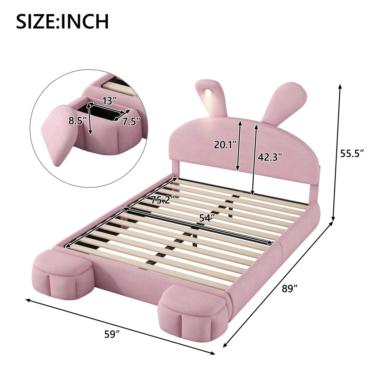 Merax Full Size Upholstered Platform Bed, with 2 Storage Stools, Cute Cartoon Ears Shaped Headboard, with a LED Light, Pink