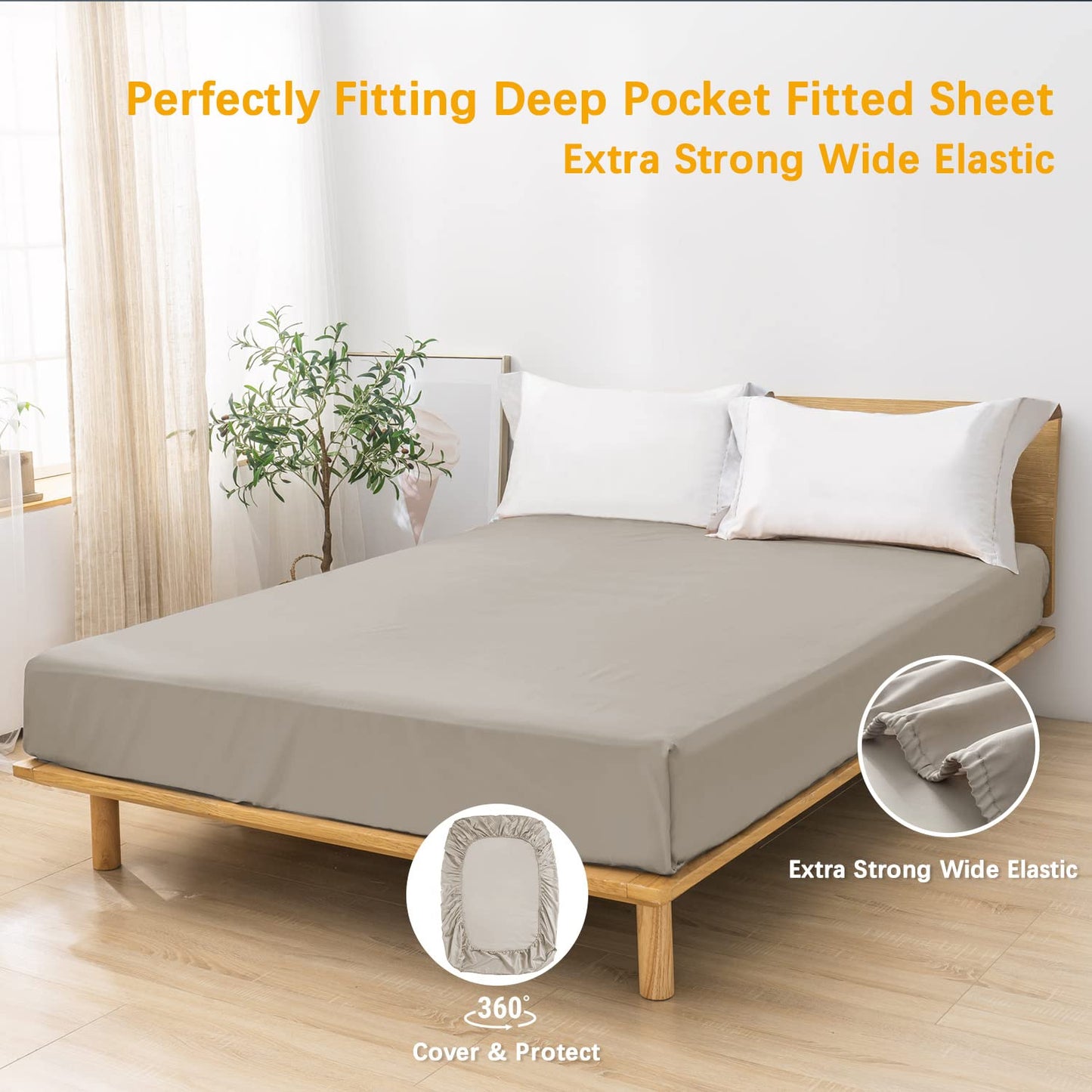 MILDLY Deep Pocket Fitted Sheet Only Queen Size 60"x80" 100% Long Staple Cotton Linen Grey Oatmeal Color Breathable Bottom Sheet Fits Up to 14" Deep Mattress