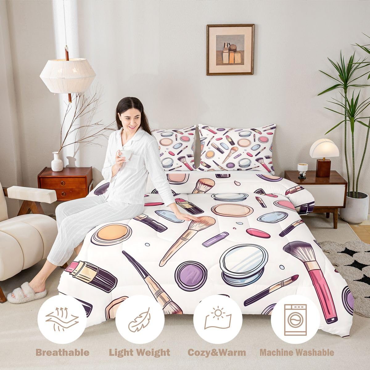Erosebridal Cosmetics Perfumes Comforter Set Fashion Girl Twin Bedding Sets for Girls Kids Teens Child Makeup Pattern Comforter Nail Polish Decorative Quilt